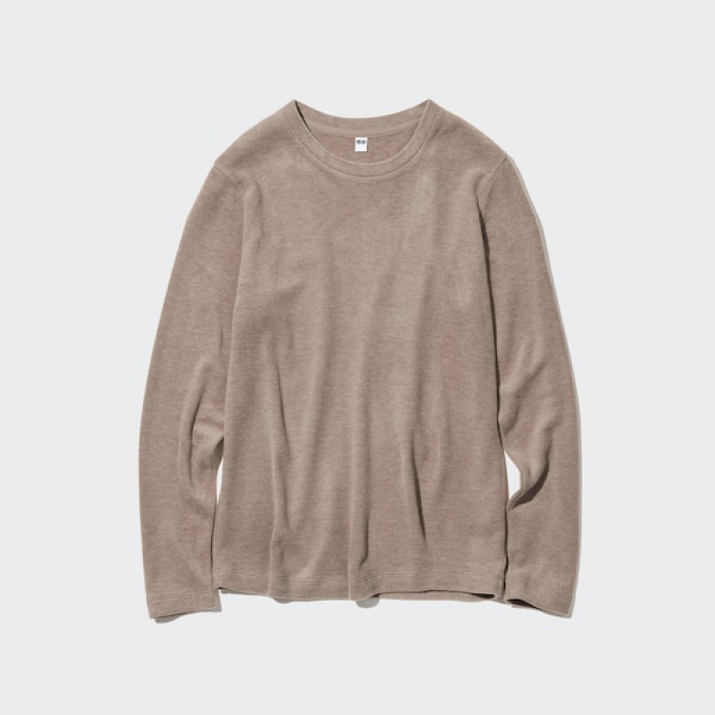 Uniqlo HEATTECH Fleece Crew Neck Long-Sleeve T Shirts Dame Abrikos | 2850-GEHQI