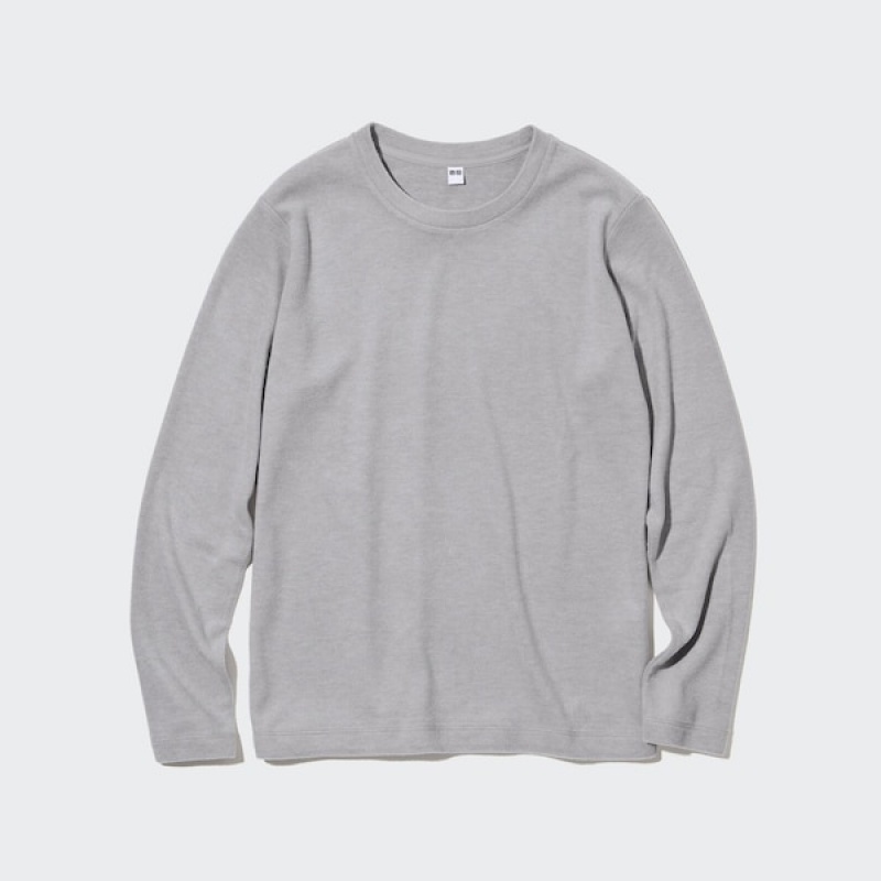 Uniqlo HEATTECH Fleece Crew Neck Long-Sleeve T Shirts Dame Grå | 6075-LJHWI