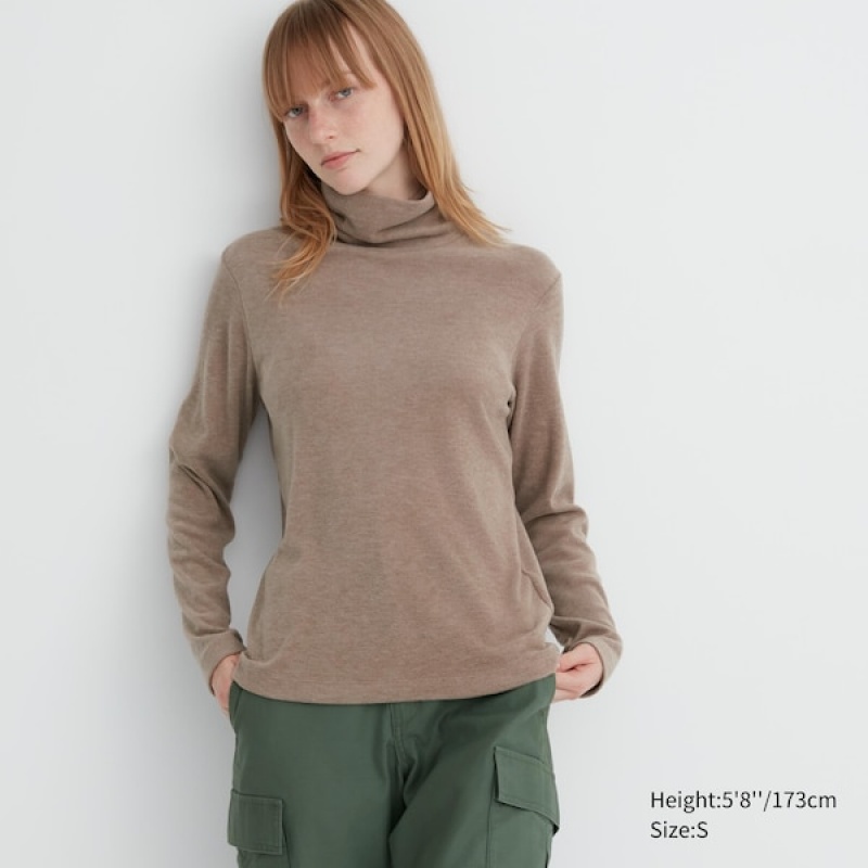 Uniqlo HEATTECH Fleece Turtleneck Long-Sleeve T Shirts Dame Beige | 5863-FVDWL