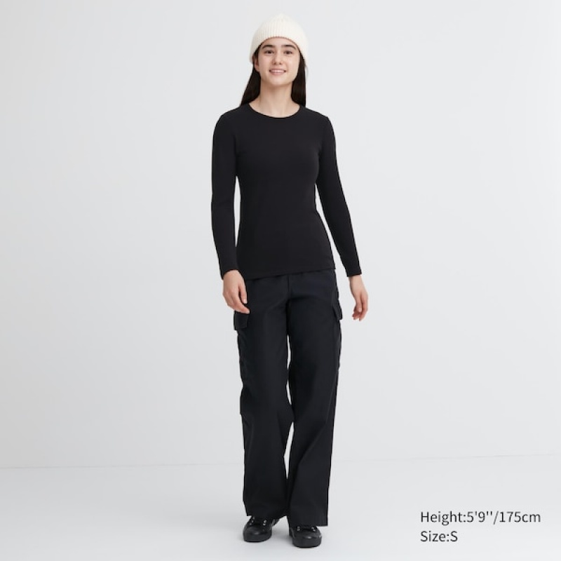 Uniqlo HEATTECH Ultra Warm Crew Neck Long-Sleeve T Shirts Dame Sort | 9638-QOUXF