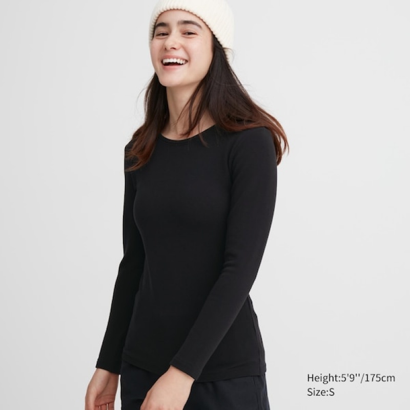 Uniqlo HEATTECH Ultra Warm Crew Neck Long-Sleeve T Shirts Dame Sort | 9638-QOUXF