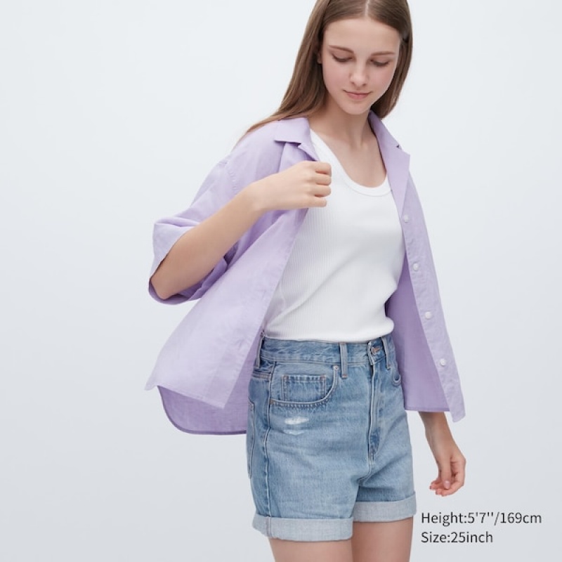 Uniqlo High-Rise Denim Shorts Dame Blå | 9508-UISHL