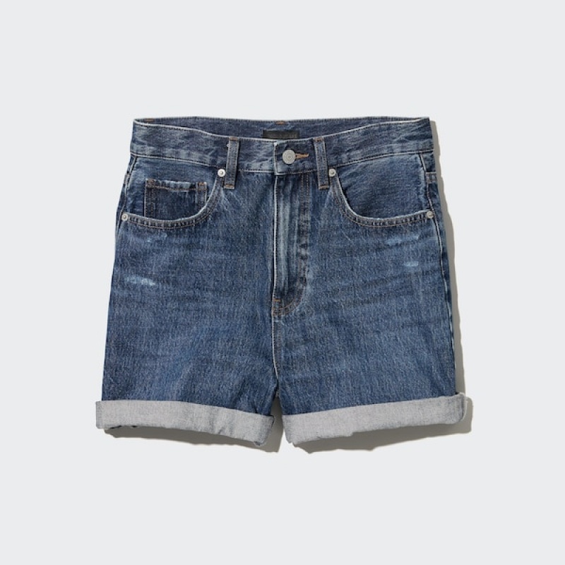 Uniqlo High-Rise Denim Shorts Dame Mørkeblå | 4637-DJPEG