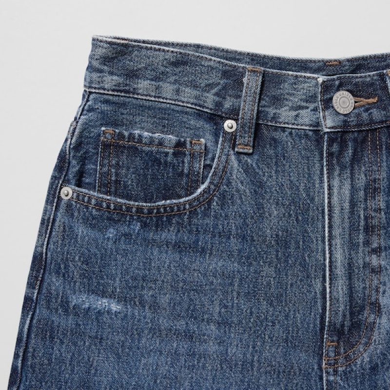 Uniqlo High-Rise Denim Shorts Dame Mørkeblå | 4637-DJPEG