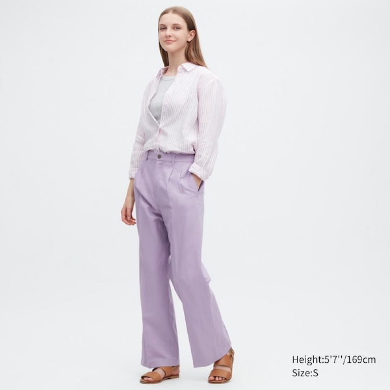 Uniqlo Linen Blend Tucked Brede Bukser Dame Lilla | 4108-PVTNC