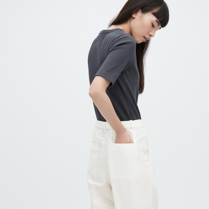 Uniqlo Linen Blend Tucked Brede Bukser Dame Hvide | 8935-ICKZE