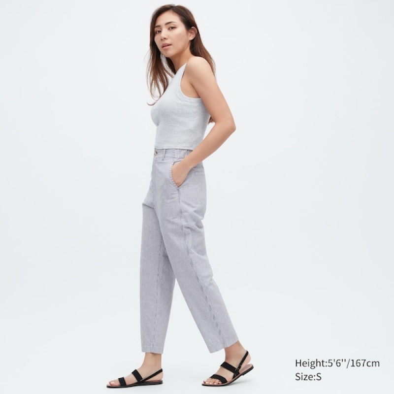 Uniqlo Linen Bomulds Tapered Bukser Dame Blå | 1854-BDAYG