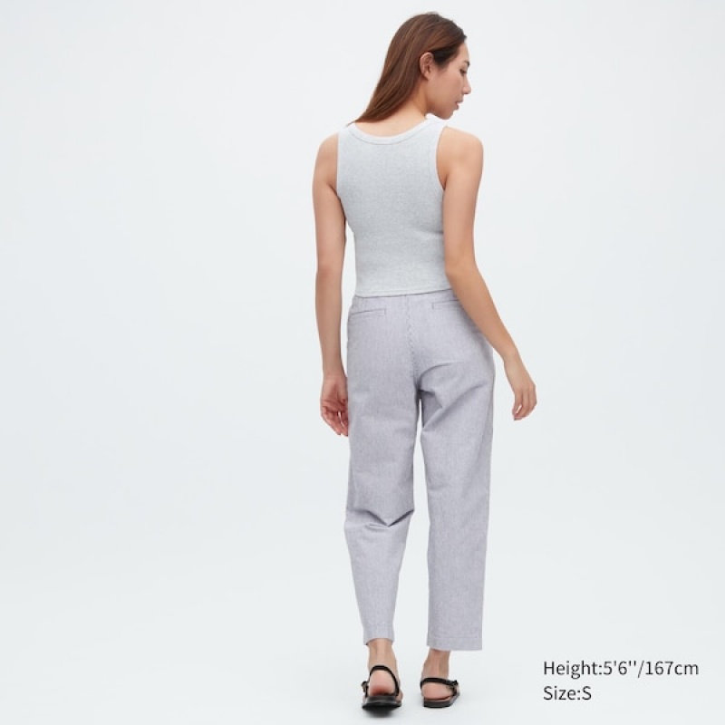 Uniqlo Linen Bomulds Tapered Bukser Dame Blå | 1854-BDAYG