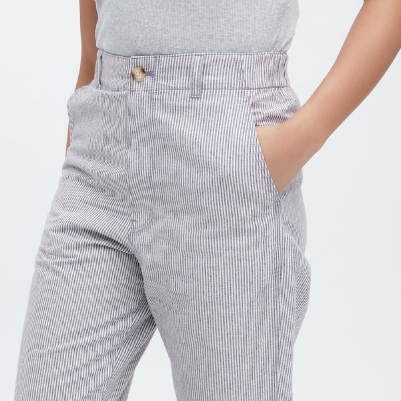 Uniqlo Linen Bomulds Tapered Bukser Dame Blå | 1854-BDAYG