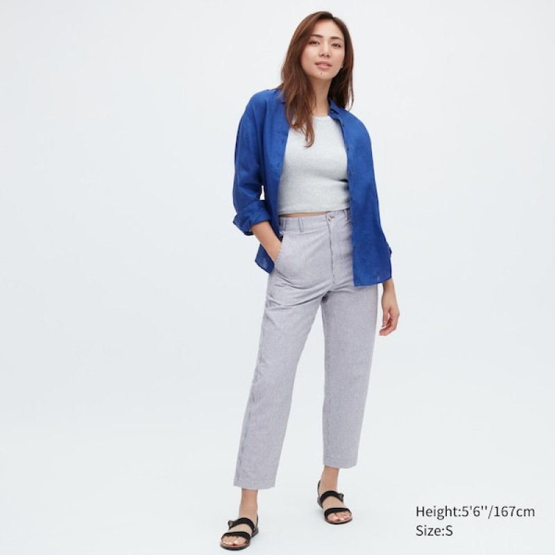 Uniqlo Linen Bomulds Tapered Bukser Dame Blå | 1854-BDAYG