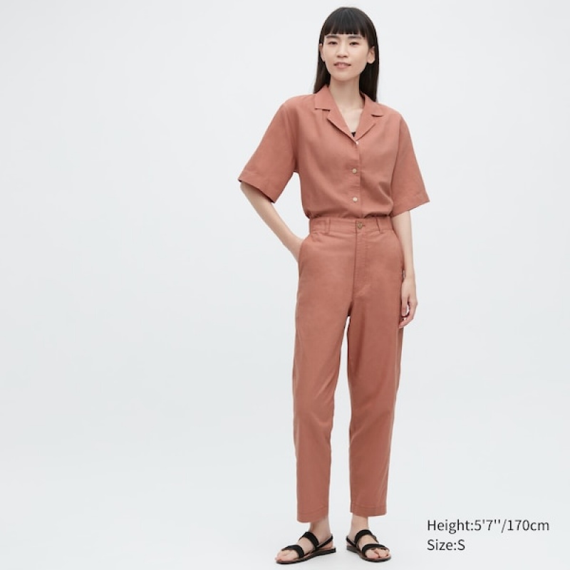 Uniqlo Linen Bomulds Tapered Bukser Dame Brune | 1627-YXWPF