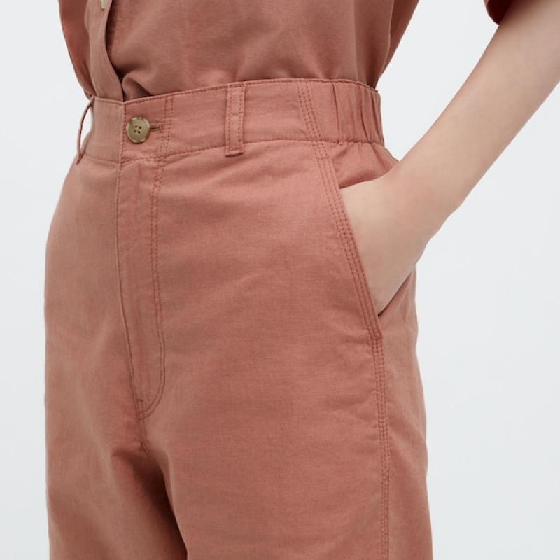 Uniqlo Linen Bomulds Tapered Bukser Dame Brune | 1627-YXWPF