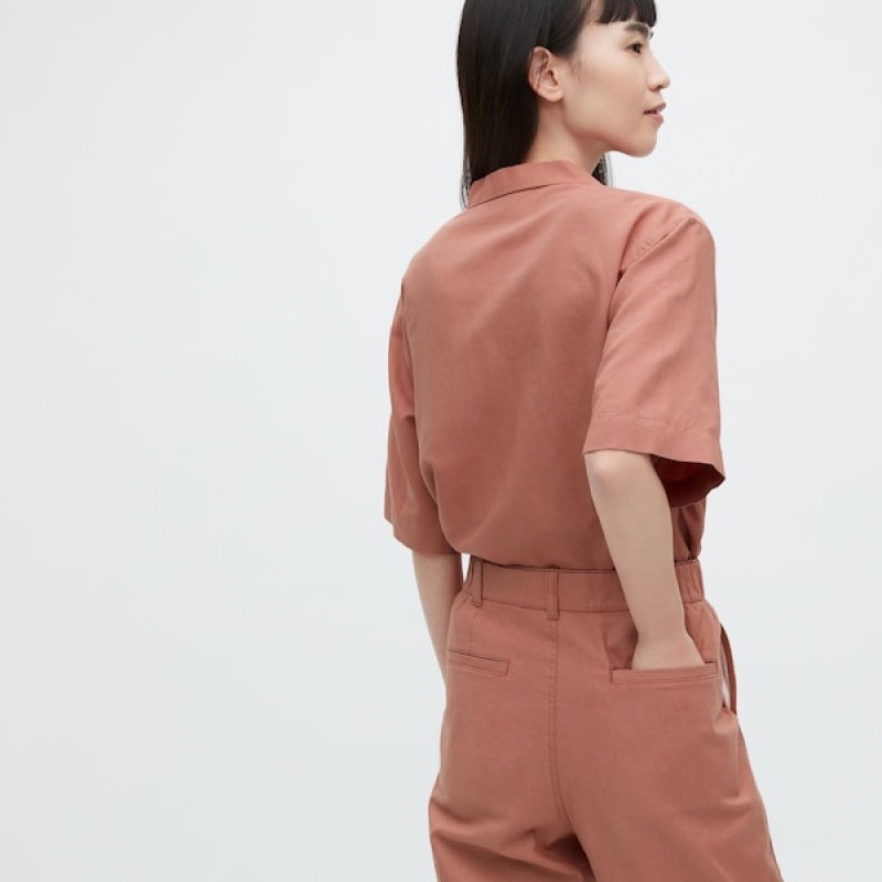 Uniqlo Linen Bomulds Tapered Bukser Dame Brune | 1627-YXWPF