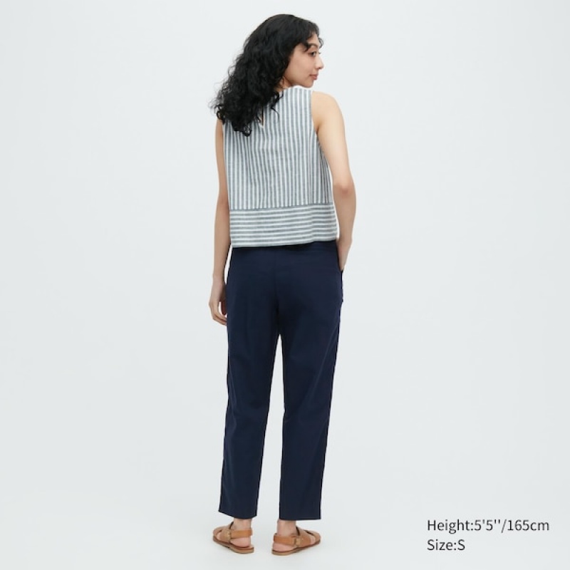 Uniqlo Linen Bomulds Tapered Bukser Dame Mørkeblå | 9352-QAPXB