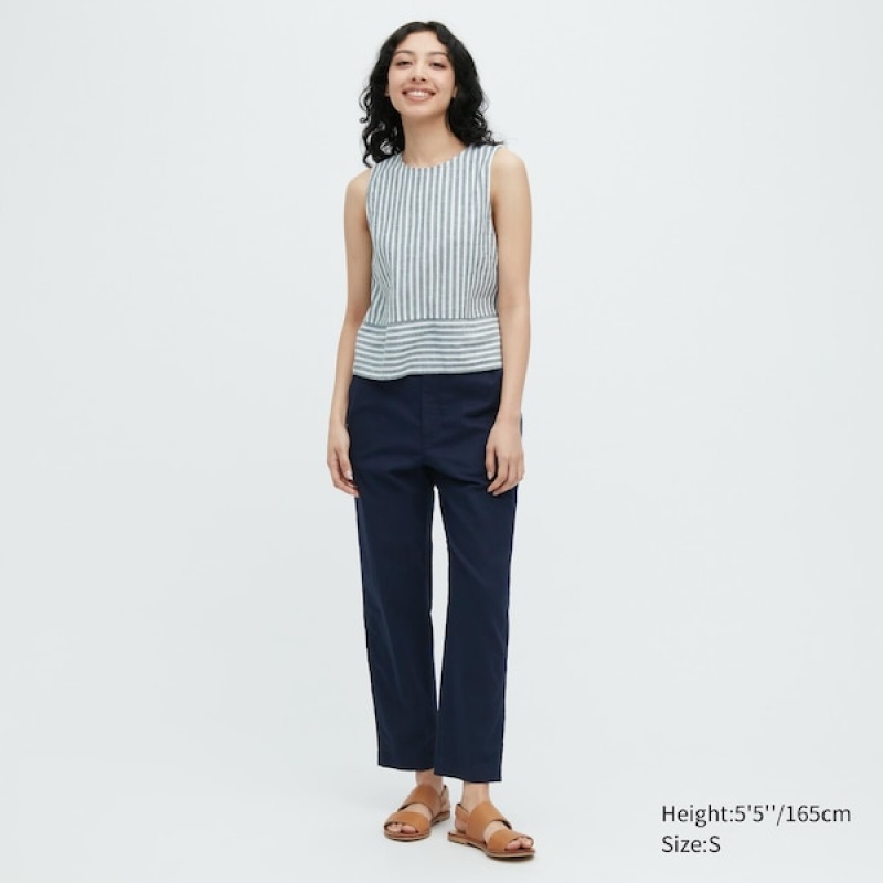 Uniqlo Linen Bomulds Tapered Bukser Dame Mørkeblå | 9352-QAPXB