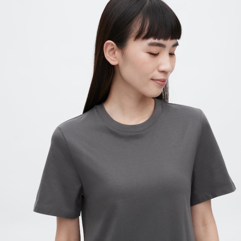 Uniqlo Mercerized Bomulds Kort-Sleeve A-Line Kjole Dame Mørkegrå | 8420-AJNTS