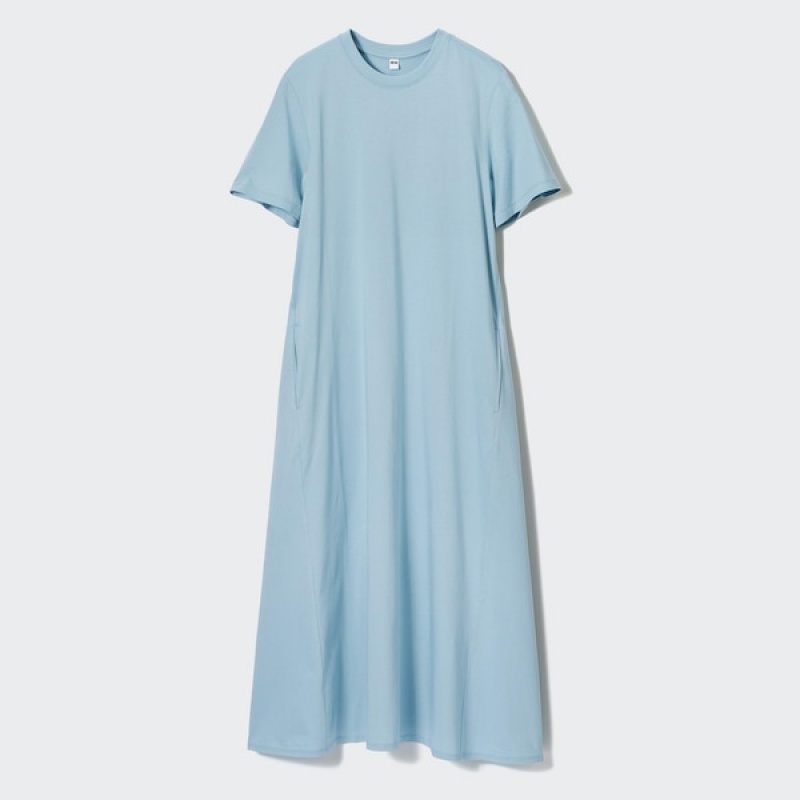 Uniqlo Mercerized Bomulds Kort-Sleeve A-Line Kjole Dame Blå | 5176-FDLIJ