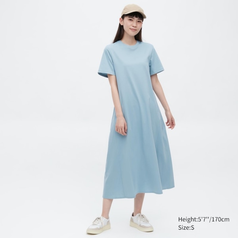 Uniqlo Mercerized Bomulds Kort-Sleeve A-Line Kjole Dame Blå | 5176-FDLIJ