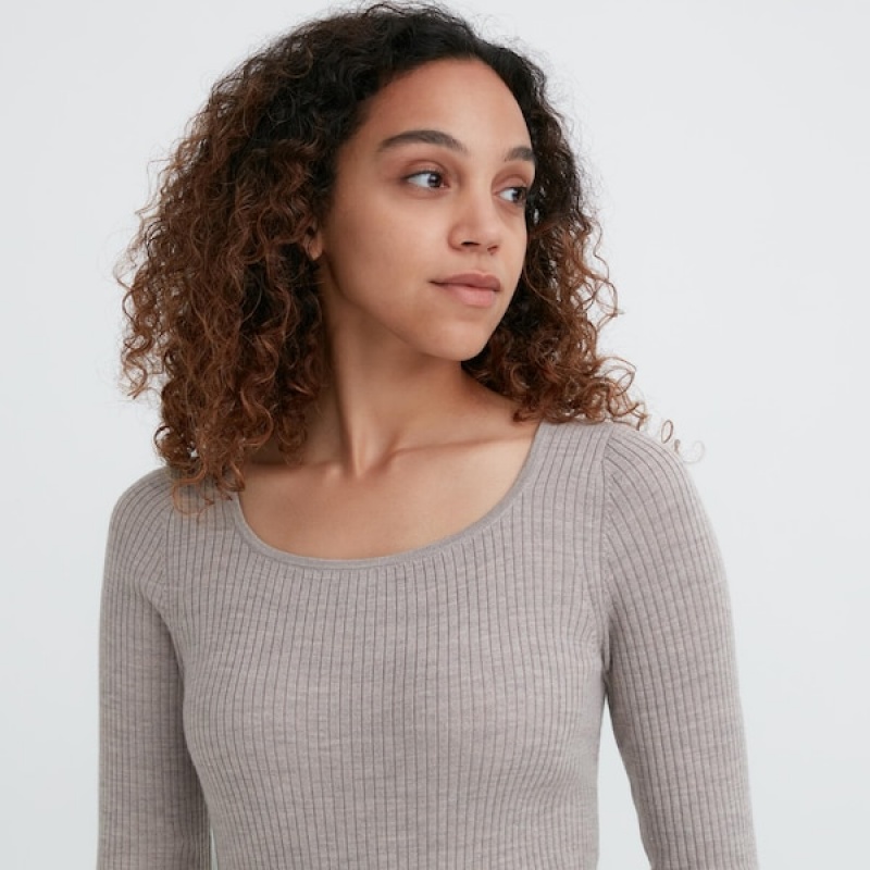 Uniqlo Merino Blend Fitted U Neck Long Sleeve Kjole Dame Grå | 3184-ZANFG