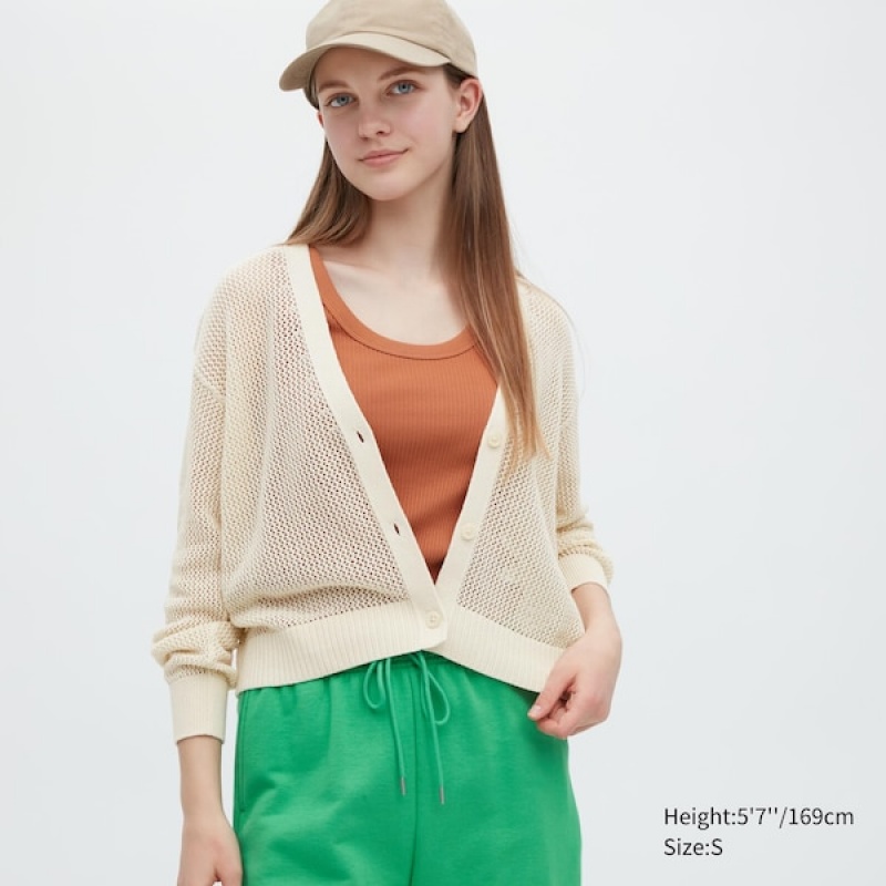 Uniqlo Mesh Long-Sleeve Kort Cardigan Dame Hvide | 0267-QKLVA