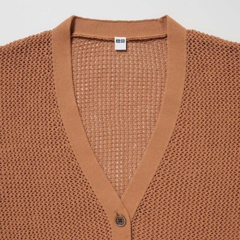 Uniqlo Mesh Long-Sleeve Kort Cardigan Dame Brune | 9840-JVPKF