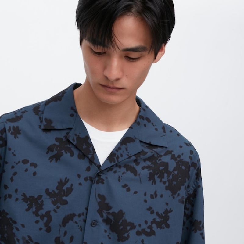 Uniqlo Open Collar Kort-Sleeve Skjorte Herre Mørkeblå | 2183-TCOXK