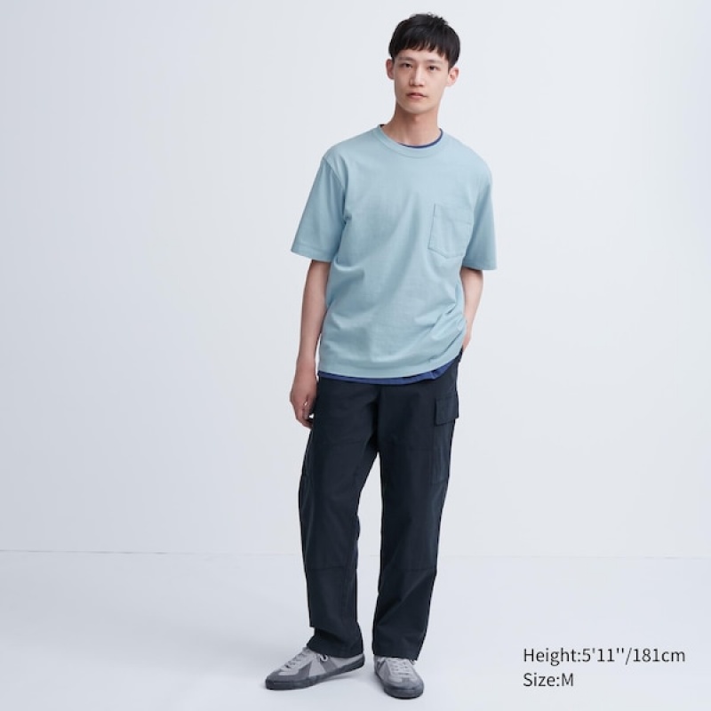 Uniqlo Oversized Pocket Crew Neck Half-Sleeve T Shirts Herre Blå | 5814-GJFDM