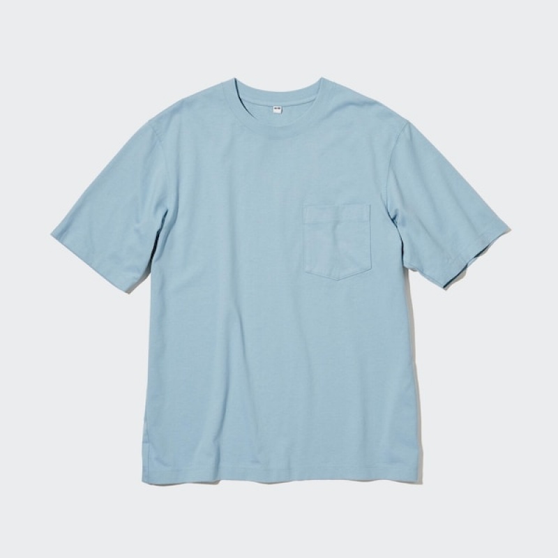 Uniqlo Oversized Pocket Crew Neck Half-Sleeve T Shirts Herre Blå | 5814-GJFDM