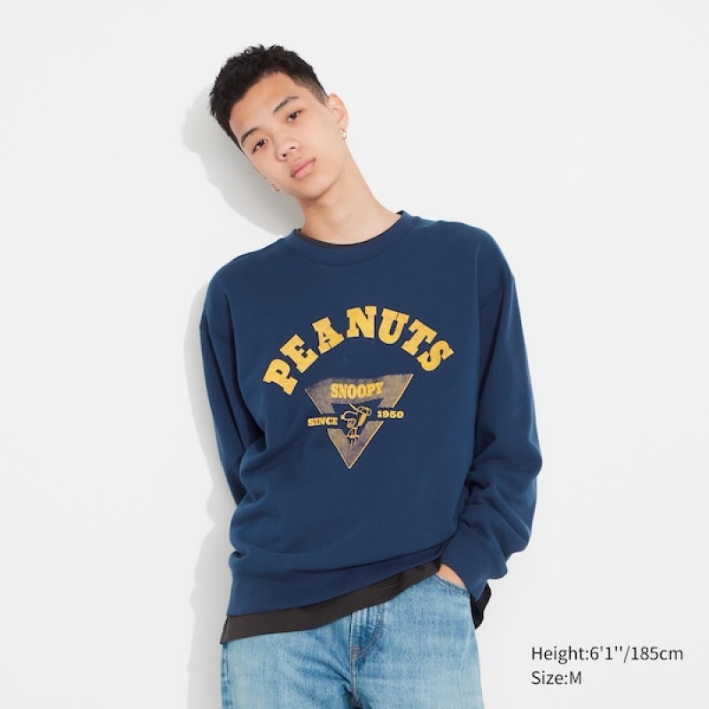 Uniqlo PEANUTS Charlie Brown's Baseball Team Long-Sleeve Sweatshirts Herre Blå | 6829-IOPRG