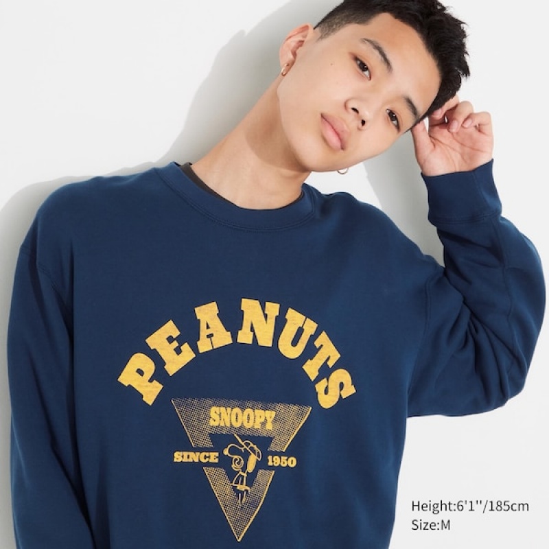 Uniqlo PEANUTS Charlie Brown\'s Baseball Team Long-Sleeve Sweatshirts Herre Blå | 6829-IOPRG