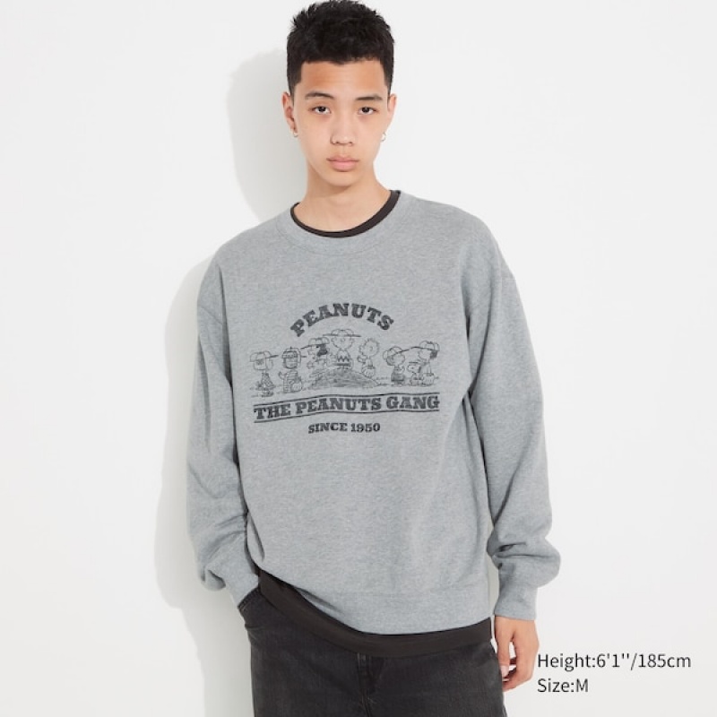 Uniqlo PEANUTS Charlie Brown's Baseball Team Long-Sleeve Sweatshirts Herre Grå | 7489-KUSPN