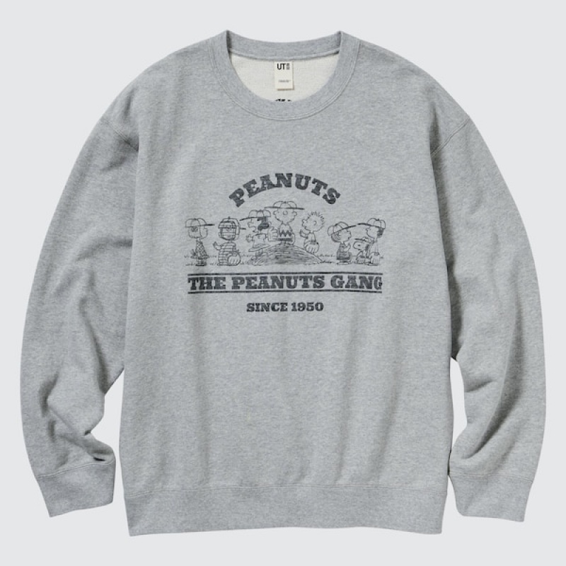 Uniqlo PEANUTS Charlie Brown's Baseball Team Long-Sleeve Sweatshirts Herre Grå | 7489-KUSPN