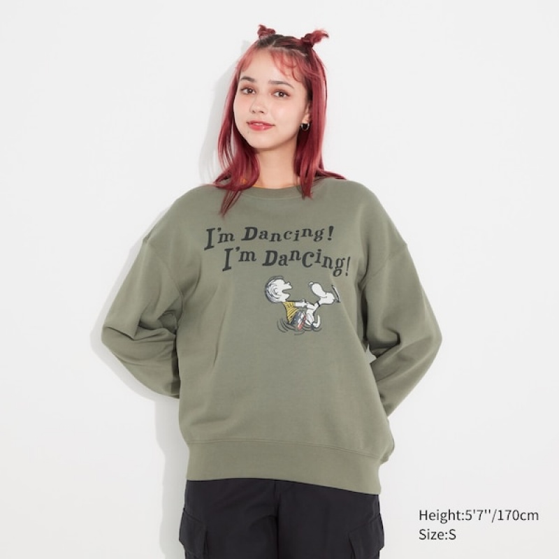 Uniqlo PEANUTS Dance Time with Snoopy Long-Sleeve Sweatshirts Dame Olivengrøn | 9527-IZEVL