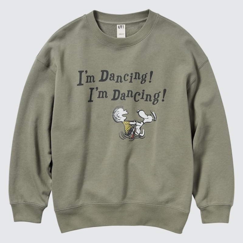 Uniqlo PEANUTS Dance Time with Snoopy Long-Sleeve Sweatshirts Dame Olivengrøn | 9527-IZEVL