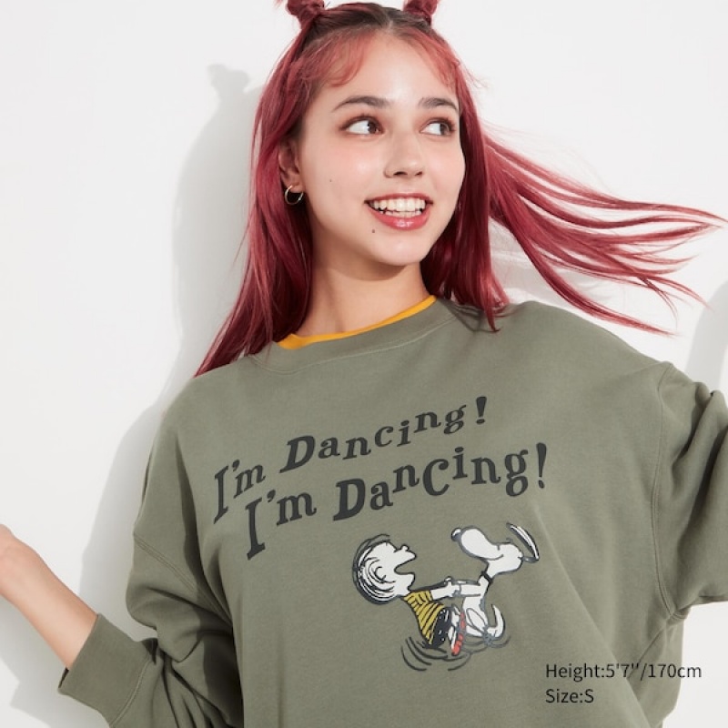 Uniqlo PEANUTS Dance Time with Snoopy Long-Sleeve Sweatshirts Dame Olivengrøn | 9527-IZEVL