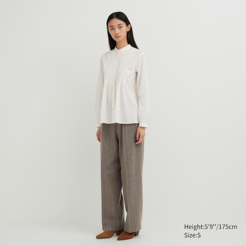 Uniqlo Pintuck Long Sleeve Skjorte Dame Hvide | 0537-PMGXB