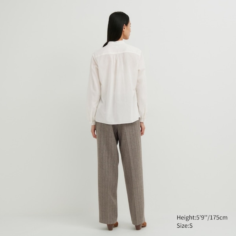 Uniqlo Pintuck Long Sleeve Skjorte Dame Hvide | 0537-PMGXB