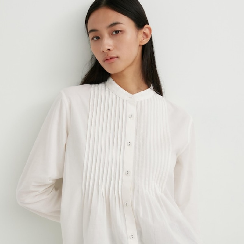 Uniqlo Pintuck Long Sleeve Skjorte Dame Hvide | 0537-PMGXB