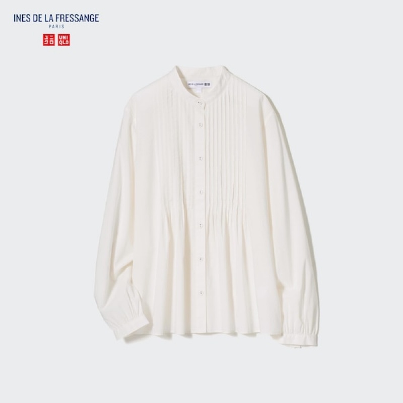 Uniqlo Pintuck Long Sleeve Skjorte Dame Hvide | 0537-PMGXB