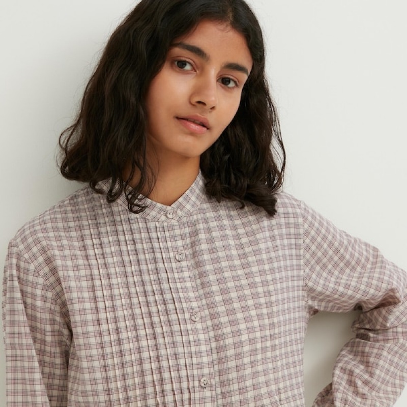 Uniqlo Pintuck Plaid Long-Sleeve Skjorte Dame Beige | 1275-WDPFE