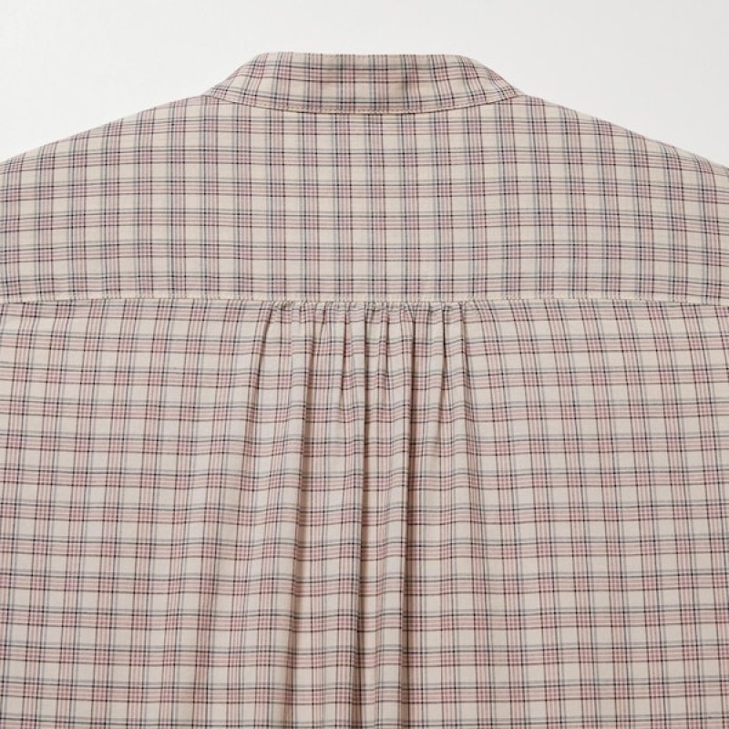 Uniqlo Pintuck Plaid Long-Sleeve Skjorte Dame Beige | 1275-WDPFE