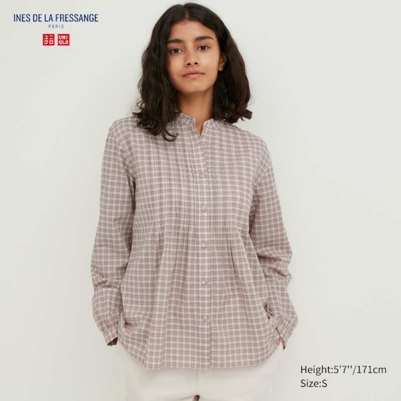 Uniqlo Pintuck Plaid Long-Sleeve Skjorte Dame Beige | 1275-WDPFE