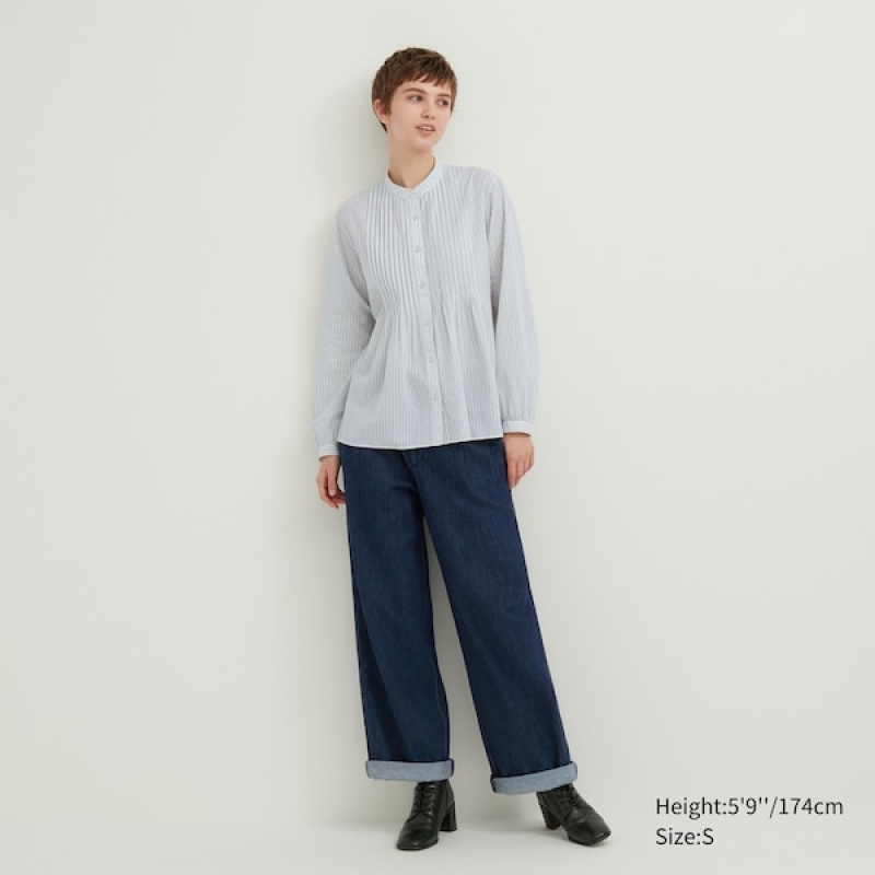 Uniqlo Pintuck Stribet Long-Sleeve Skjorte Dame Blå | 7123-DRLMZ