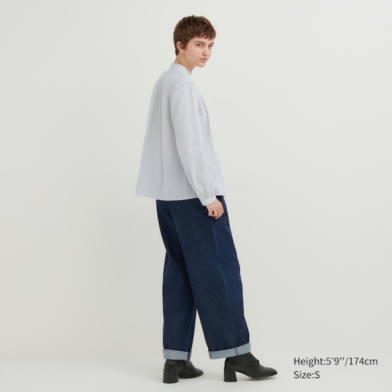 Uniqlo Pintuck Stribet Long-Sleeve Skjorte Dame Blå | 7123-DRLMZ