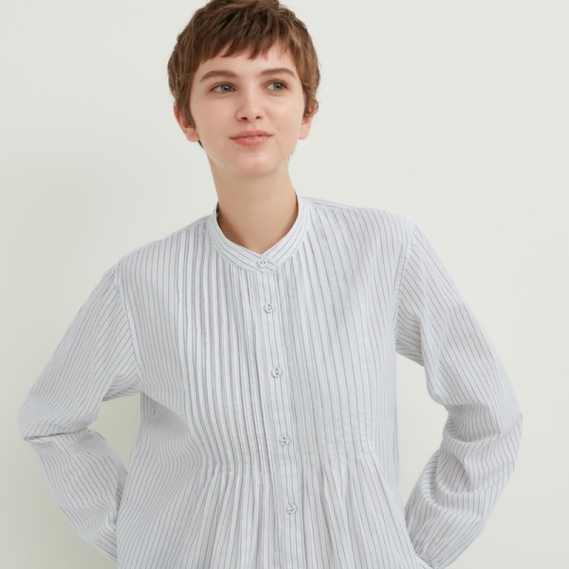 Uniqlo Pintuck Stribet Long-Sleeve Skjorte Dame Blå | 7123-DRLMZ