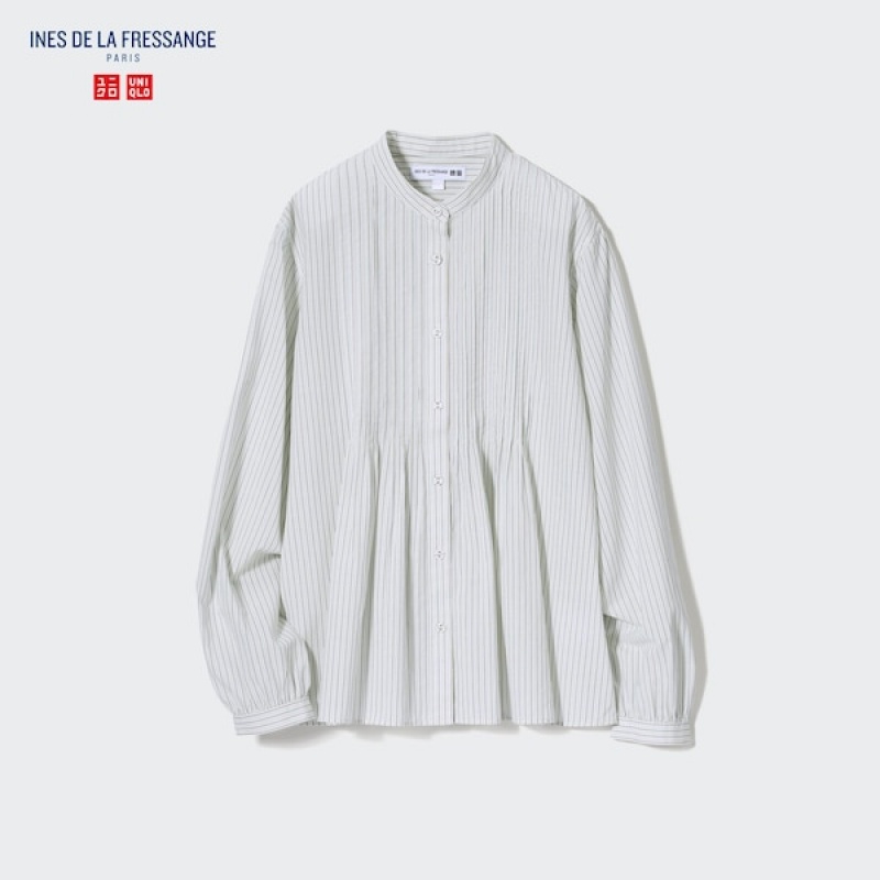 Uniqlo Pintuck Stribet Long-Sleeve Skjorte Dame Blå | 7123-DRLMZ