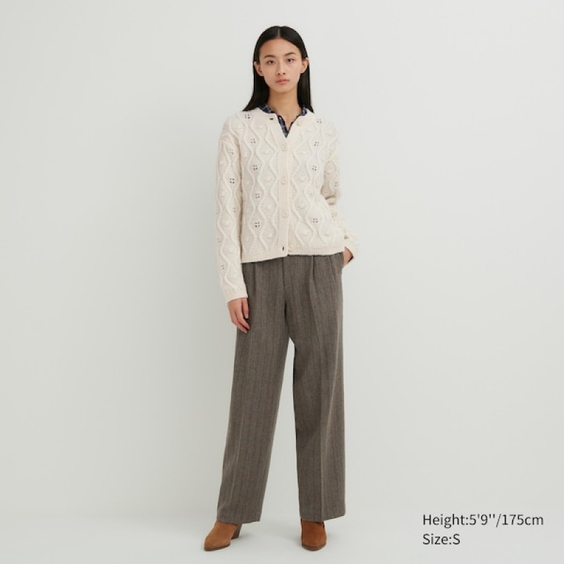 Uniqlo Pointelle Crew Neck Long-Sleeve Cardigan Dame Hvide | 3426-FSJNQ