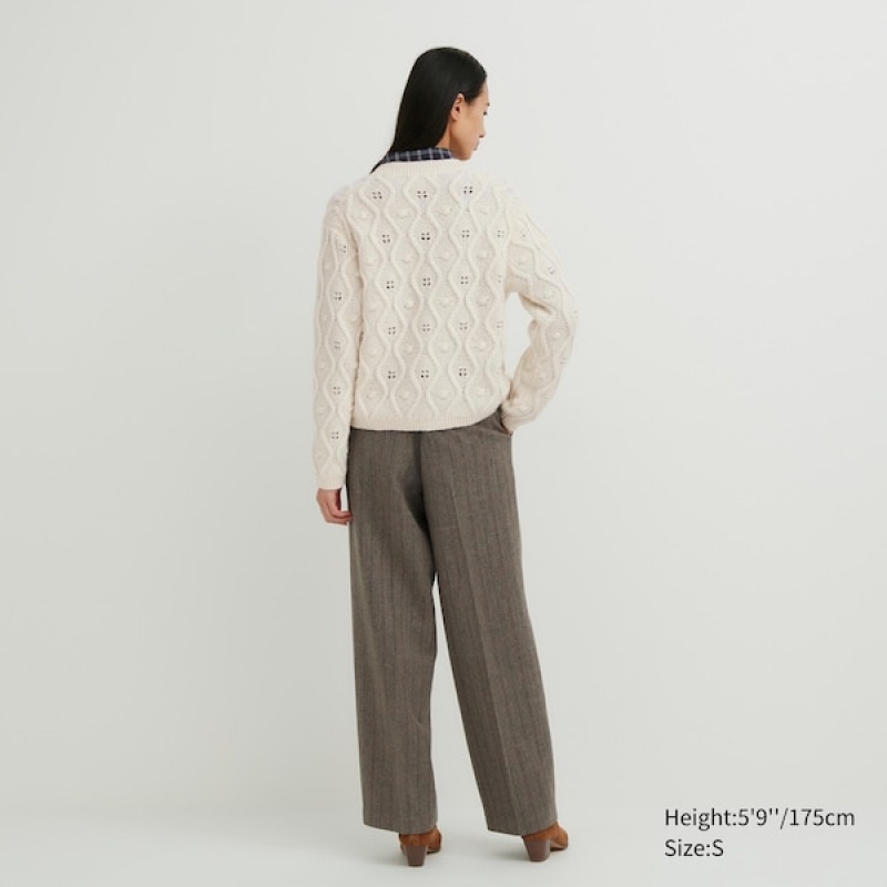 Uniqlo Pointelle Crew Neck Long-Sleeve Cardigan Dame Hvide | 3426-FSJNQ