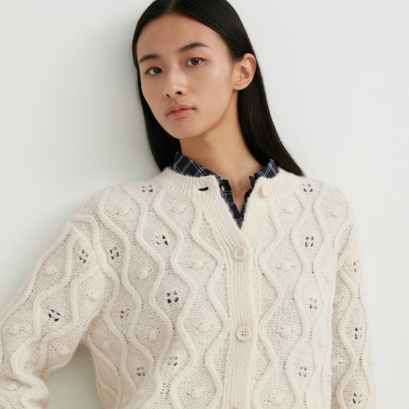 Uniqlo Pointelle Crew Neck Long-Sleeve Cardigan Dame Hvide | 3426-FSJNQ