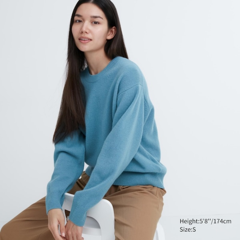 Uniqlo Premium Lambswool Crew Neck Long-Sleeve Trøjer Dame Blå | 5206-VFQYE